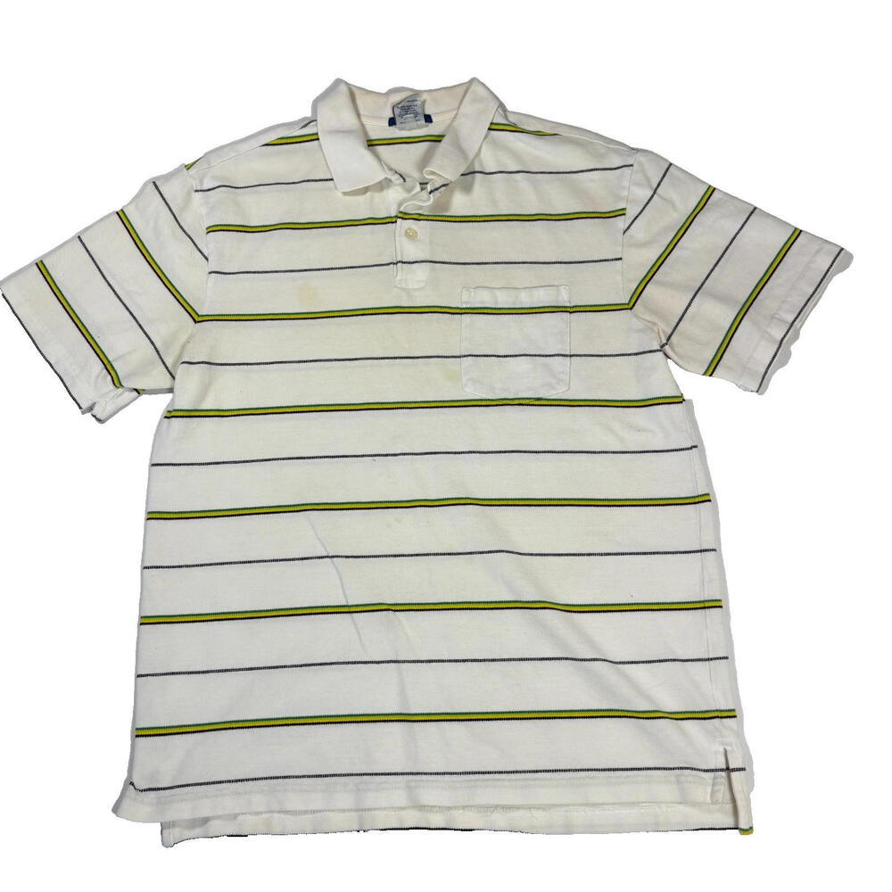Old Navy Polo Shirt Men’s Medium White Striped Short Sleeve Pocket Regular Fit